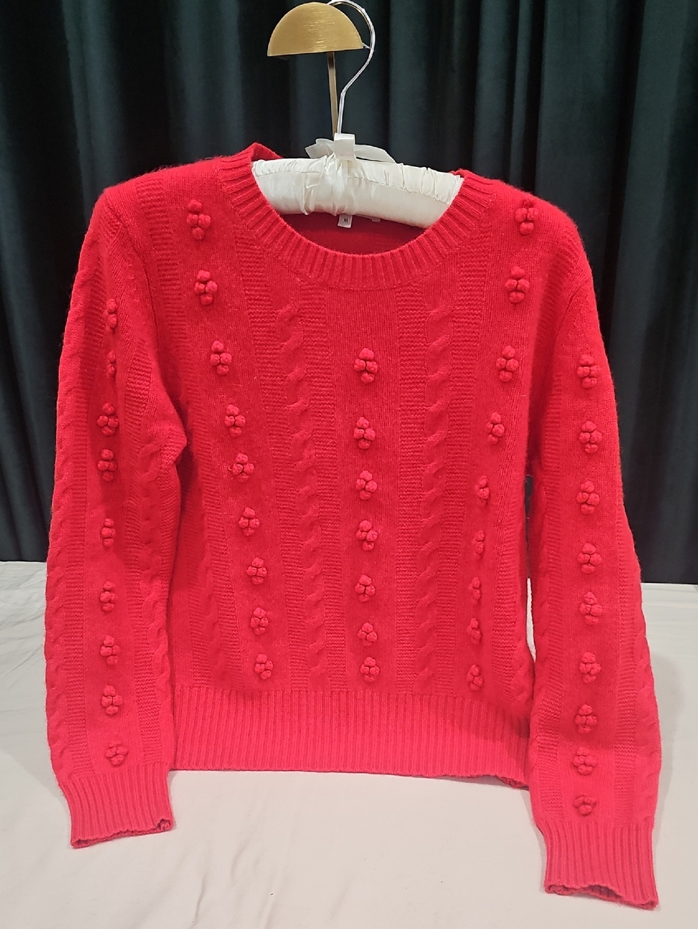 100% Cashmere White + Warren Red Bobble Cable Crewneck Sweater